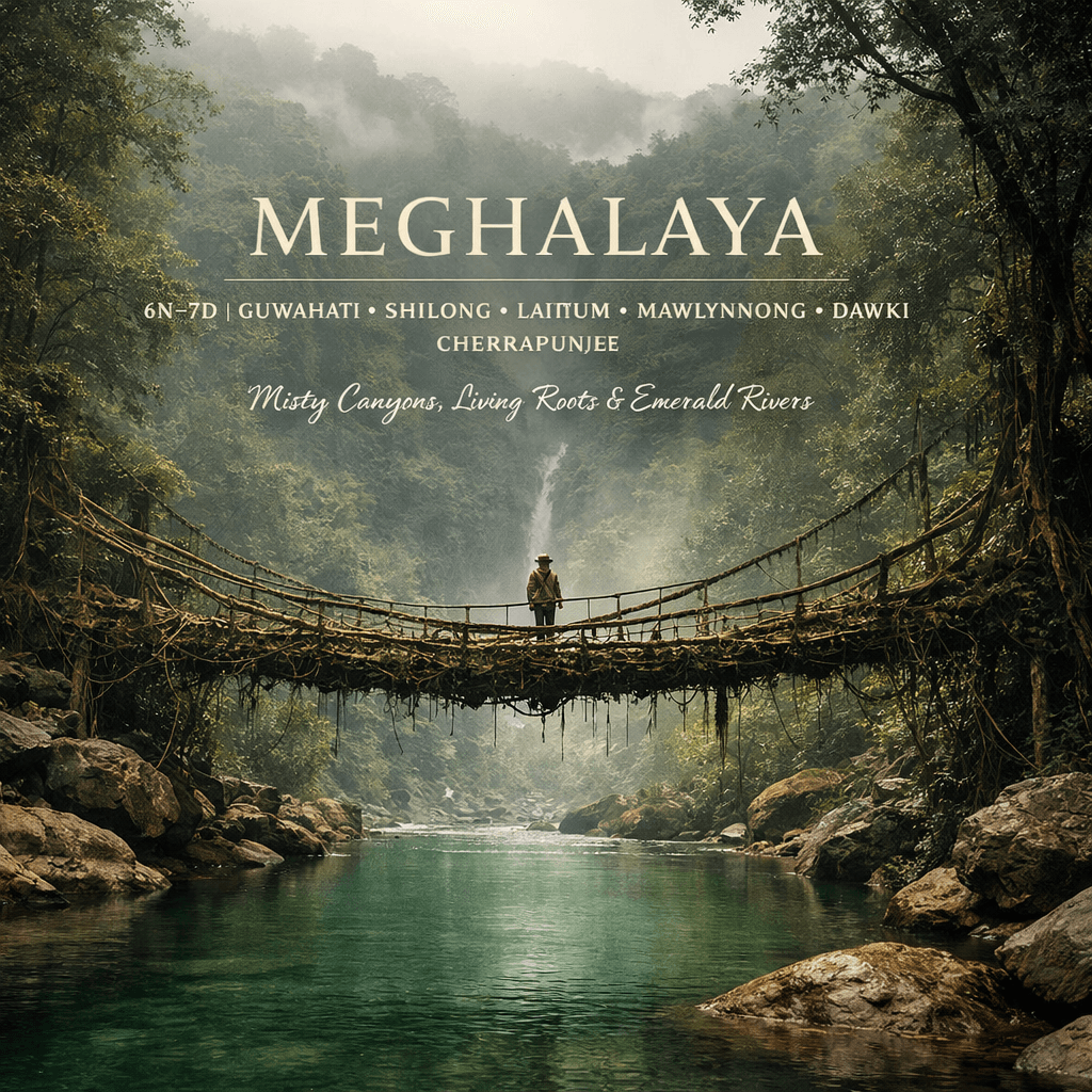 MEGHALAYA | 6N–7D | GUWAHATI ✦ SHILLONG ✦ LAITLUM ✦ MAWLYNNONG ✦ DAWKI ✦ CHERRAPUNJEE Misty Canyons, Living Roots & Emerald Rivers